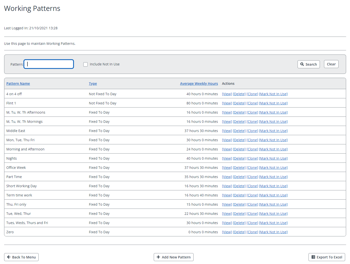 shows working pattern screen pattern field highlighted