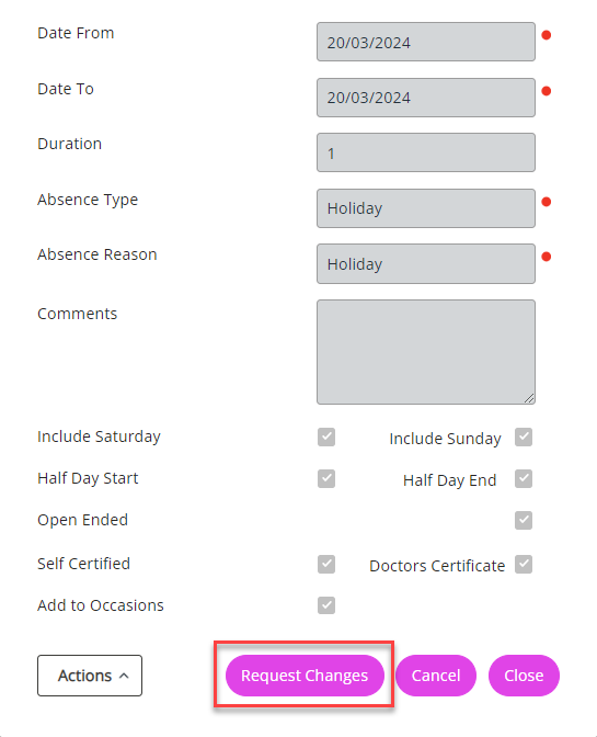 The Request Changes option on the Absence form. 