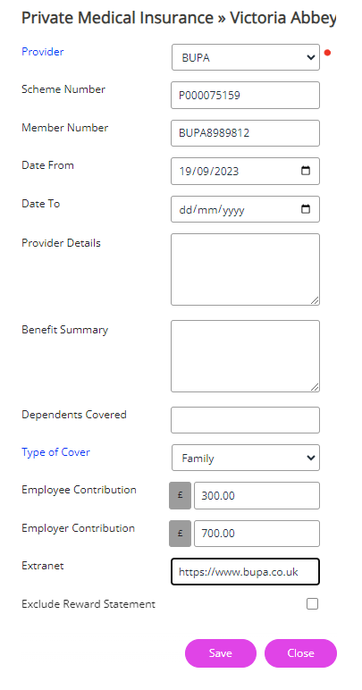 The Private Medical Insurance form fields 