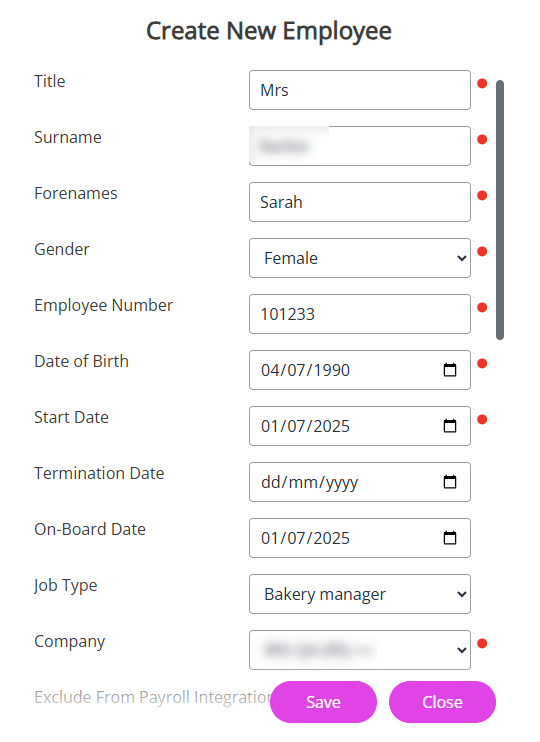 The Create New Employee form fields. 