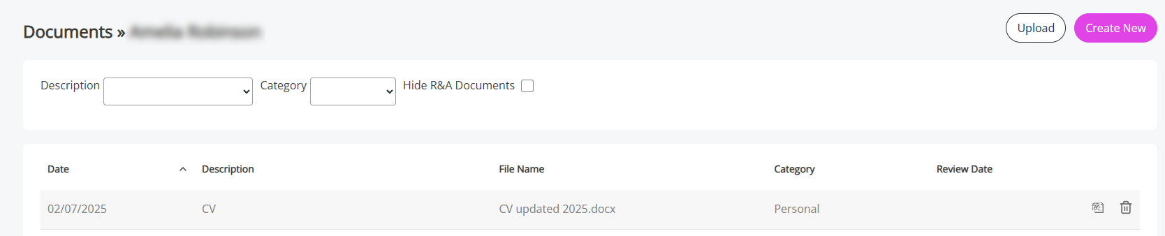 The contents of the Documents tab.