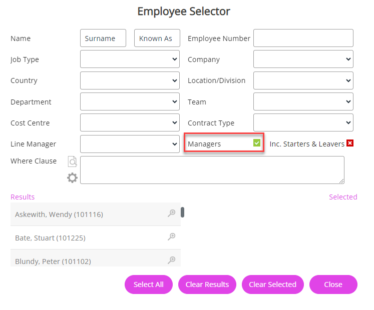 The Managers checkbox on the Employee Selector screen. 
