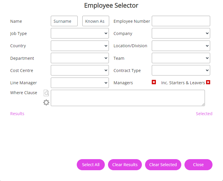 The Employee Selector screen 