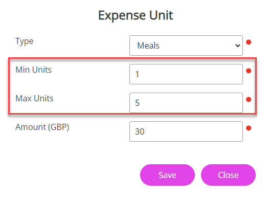 The Expense Unit screen fields.