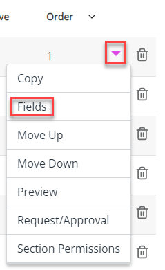 The Fields option displayed in the Actions drop-down. 