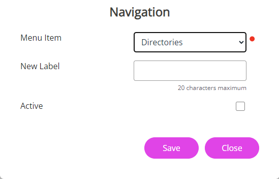 The Navigation screen showing the fields to complete to hide a menu item from all employees' systems. 