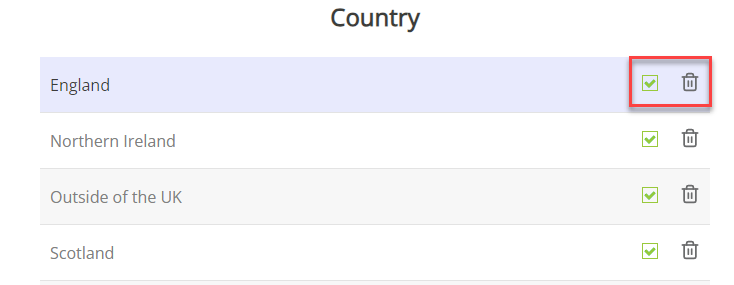 The tick and delete icons shown on the Country screen. 