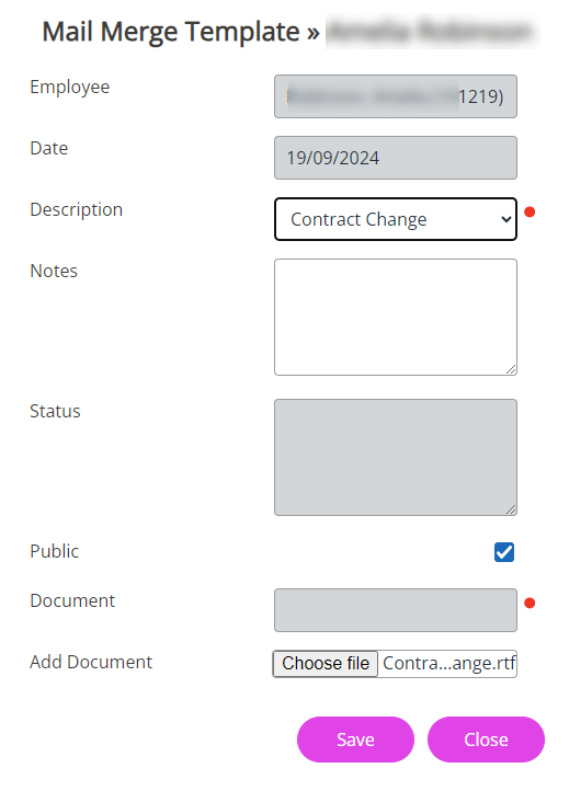 The Mail Merge Template screen fields. 