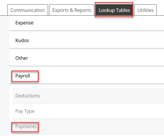 The Payments option in the Payroll menu.