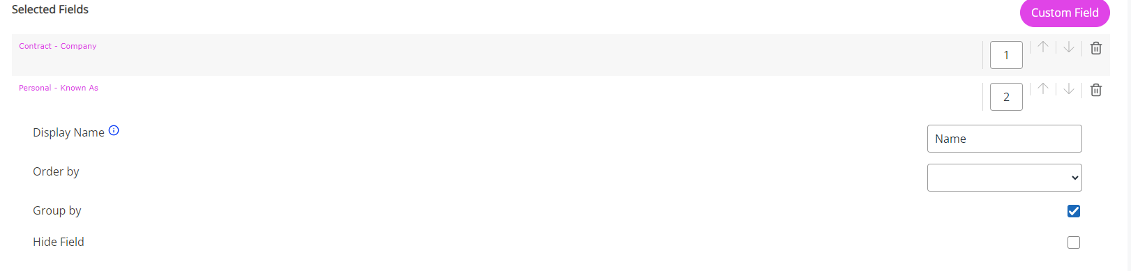 The screen fields shown when selecting a field name. 