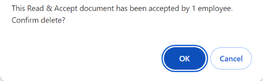 The delete pop-up message shown when deleting a Read & Acceot document. 