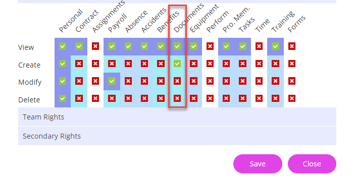 The Documents checkboxes in the self rights table. 