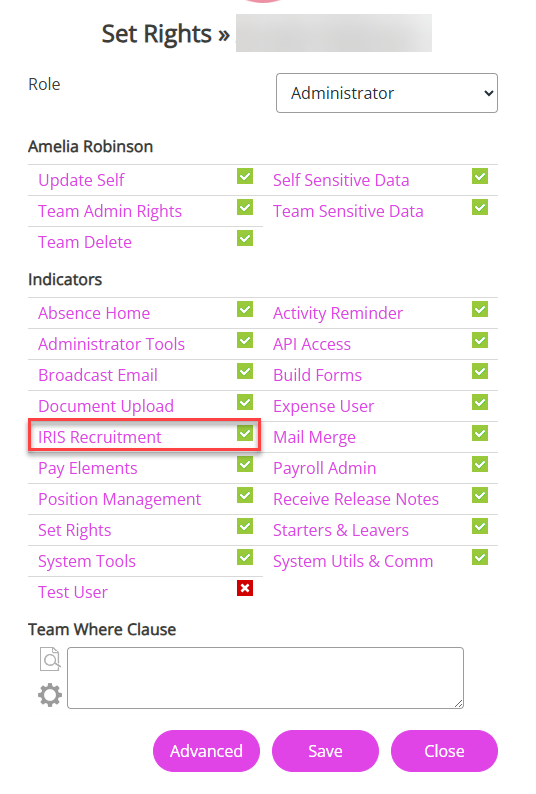 The IRIS Recuitment checkbox in Set Rights.
