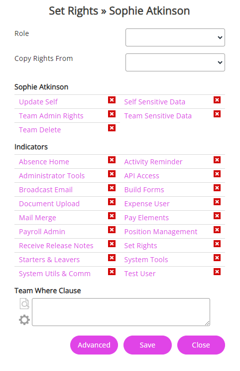 The Set Rights screen fields 