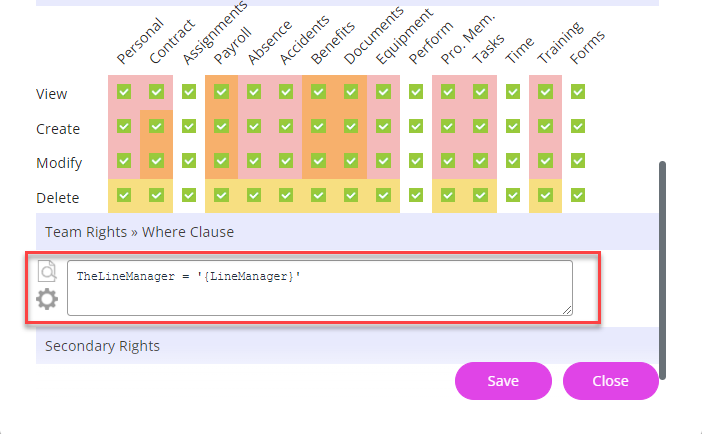 The Team Rights section showing the same Team Where Clause as shown on the previous screen.