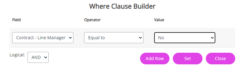 The Where Clause builder fields. 