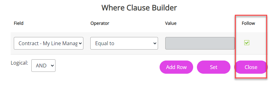 The Follow checkbox in the Where Clause Builder.