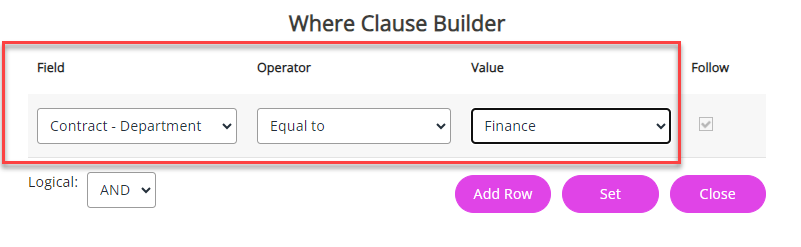 The Where Clause Builder screen fields. 