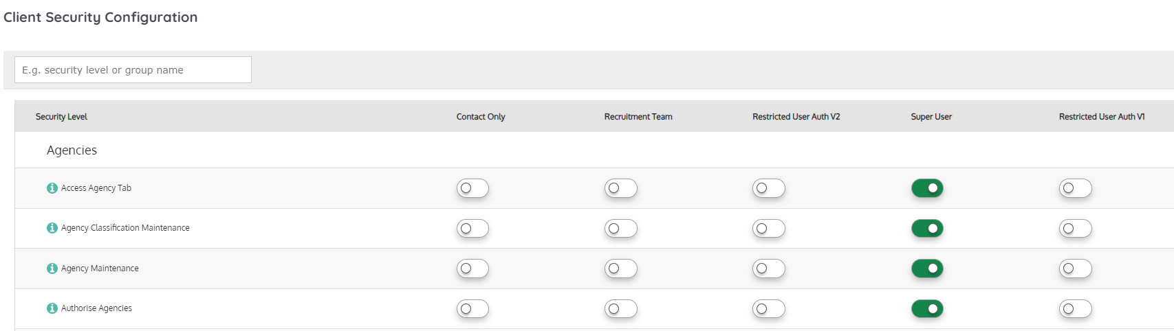 Screen shot of the security settings window showing different functions and user roles with switches to turn on and off.