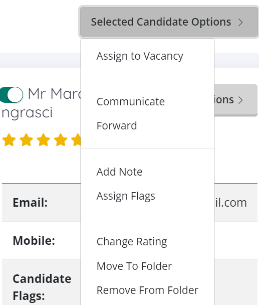 Screenshot of the dropdown options available from selected candidate options.