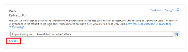 Redirect URIs sections, with Add URI button highlighted