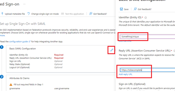 Shows the Identifier (Entity ID) and Reply URL fields with random values populated