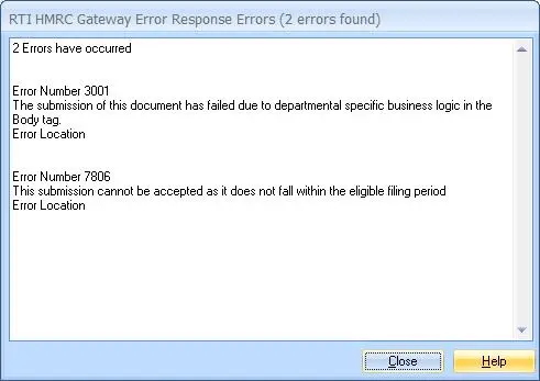 Here we have an example of an FPS rejected with error 3001. Accompanying this is the reason why it was rejected; error 7806. In this case, the problem was caused when the payroll agent making the submission had not been authorised by the client with HRMC.