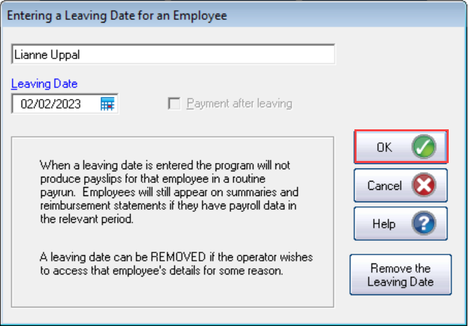 Leaving date - then select ok