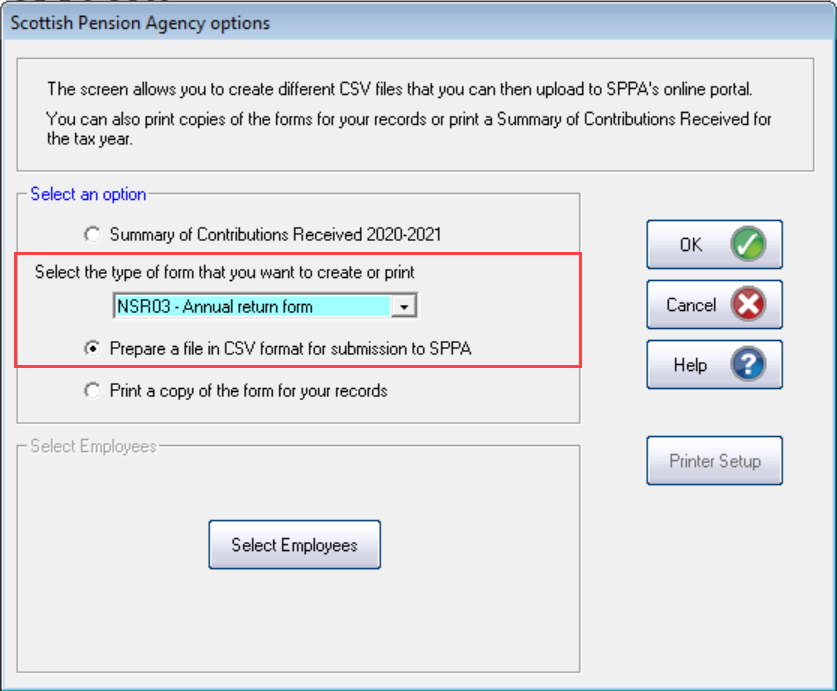 Select Prepare a file in CSV format for submission to SPPA.