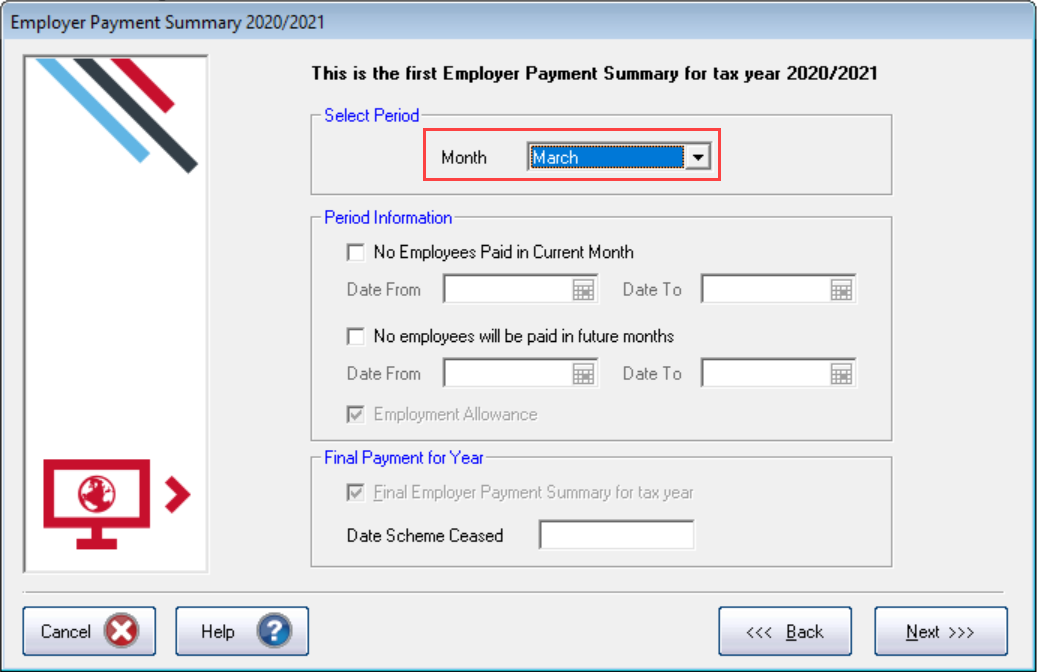 Check the month shows March and the Final Employer Payment Summary for the Tax Year is selected
