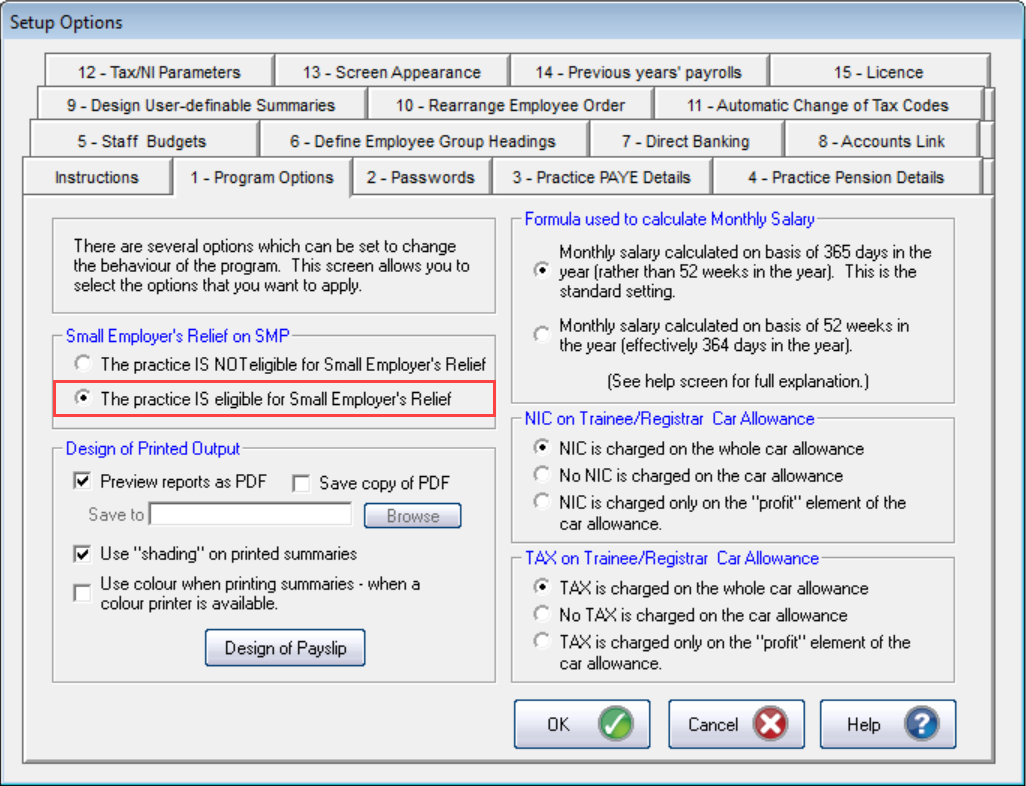 Select The practice IS eligible for Small Employer's Relief. Select OK.