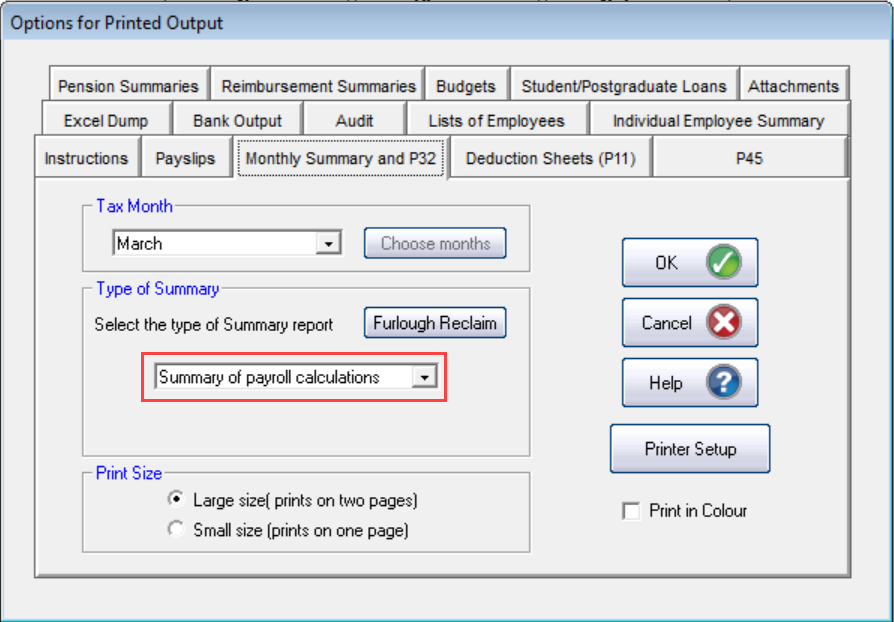 Choose Summary of payroll calculations as the Type of Summary.