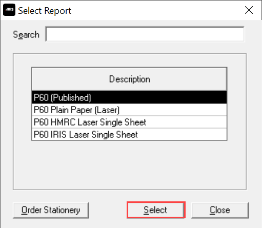 P60 Choose report to produce