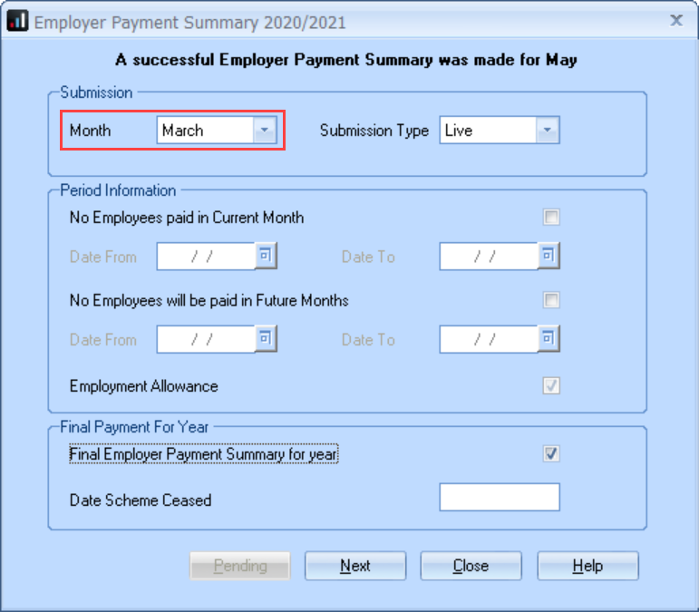 IRIS Payroll EPS screen with march selected