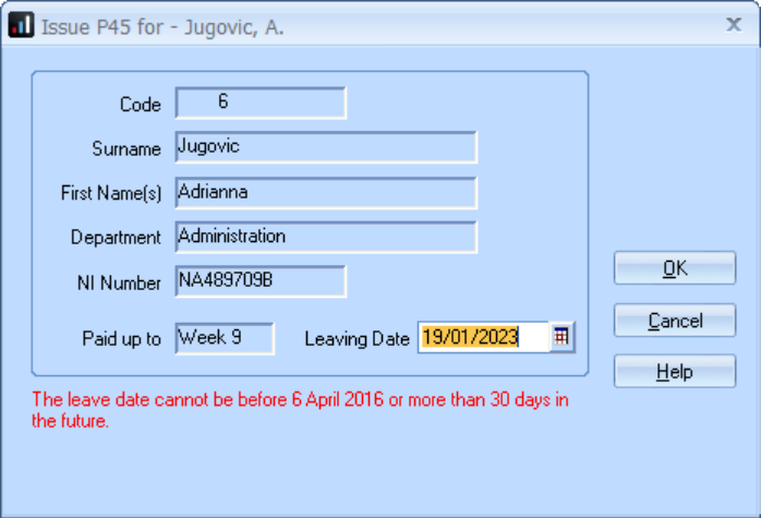 Issue P45 Leaving date