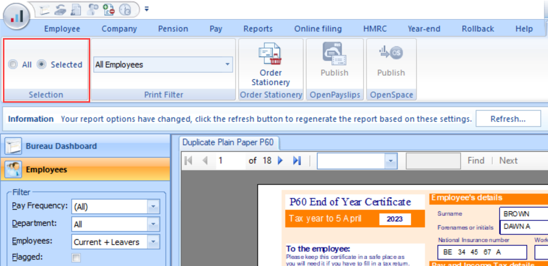P60 report with selected employeess