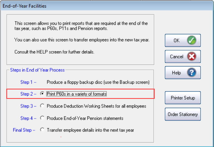 Step 2 - Print P60s in a variety of formats then select ok