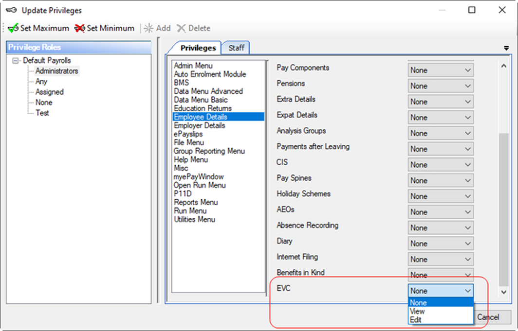 You can set privileges to restrict users access to the EVC tab in Employee Details