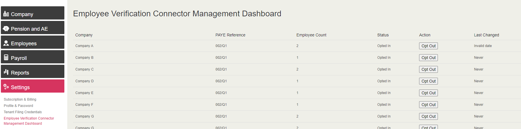 EVC Opt out screen with a list of companies