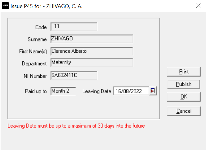 P45 Leaving Date screen