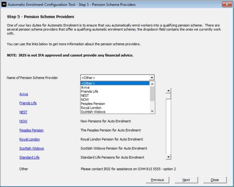 AE Config Tool - Step 5 Pension Providers