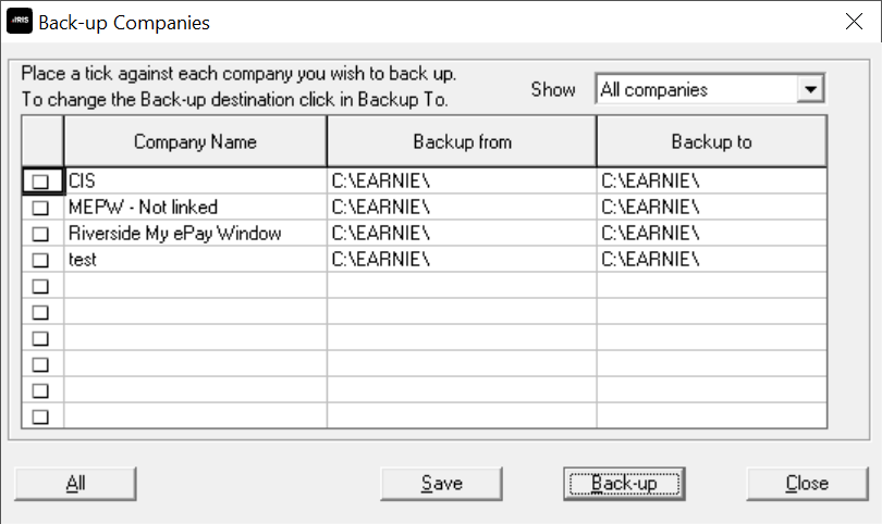 Backup Companies with 4 colulms - 1. to select co. 2. the company name 3. backup from 4. backup to 