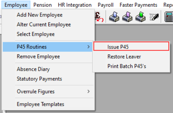 Employee menu then issue p45
