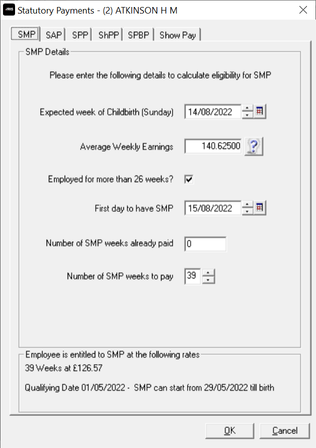 Statutory Payments - SMP - Configuration screen