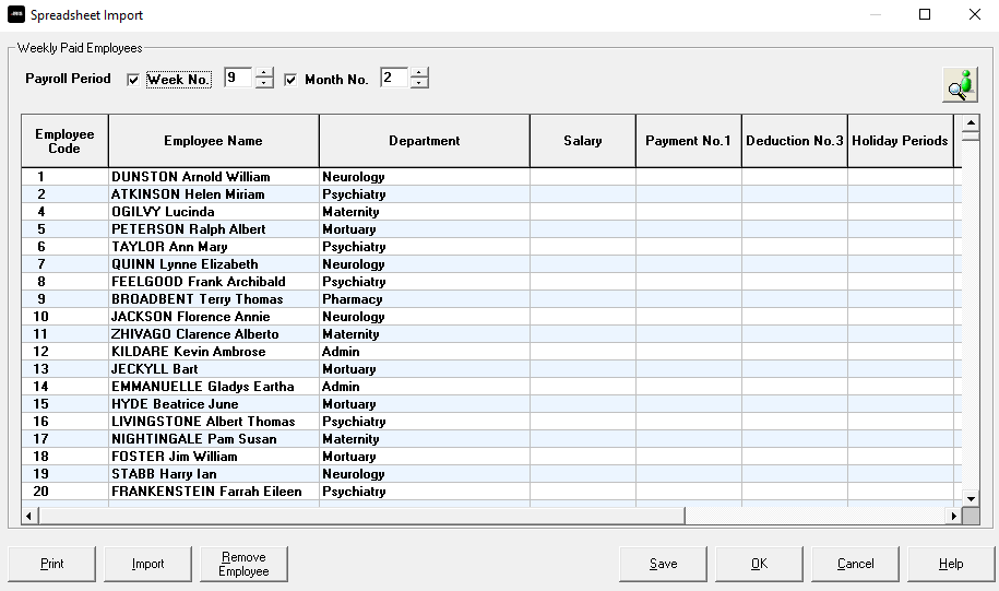 Spreadsheet Import screen 