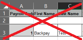 Excel spreadsheet shwoing a blank line 2 causing an error.