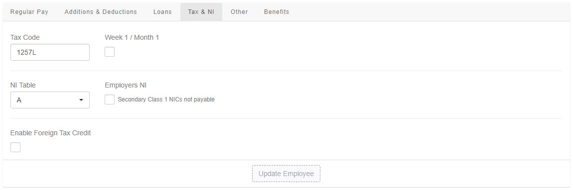 the Tax and NI screen under Employee Pay Options