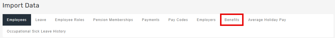 Import Data menu with Benefits tab highlighted