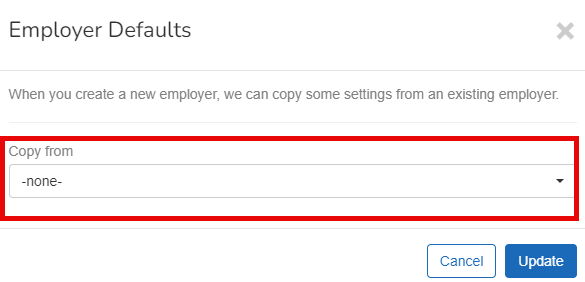 Employer defaults screen with the copy from highlighted