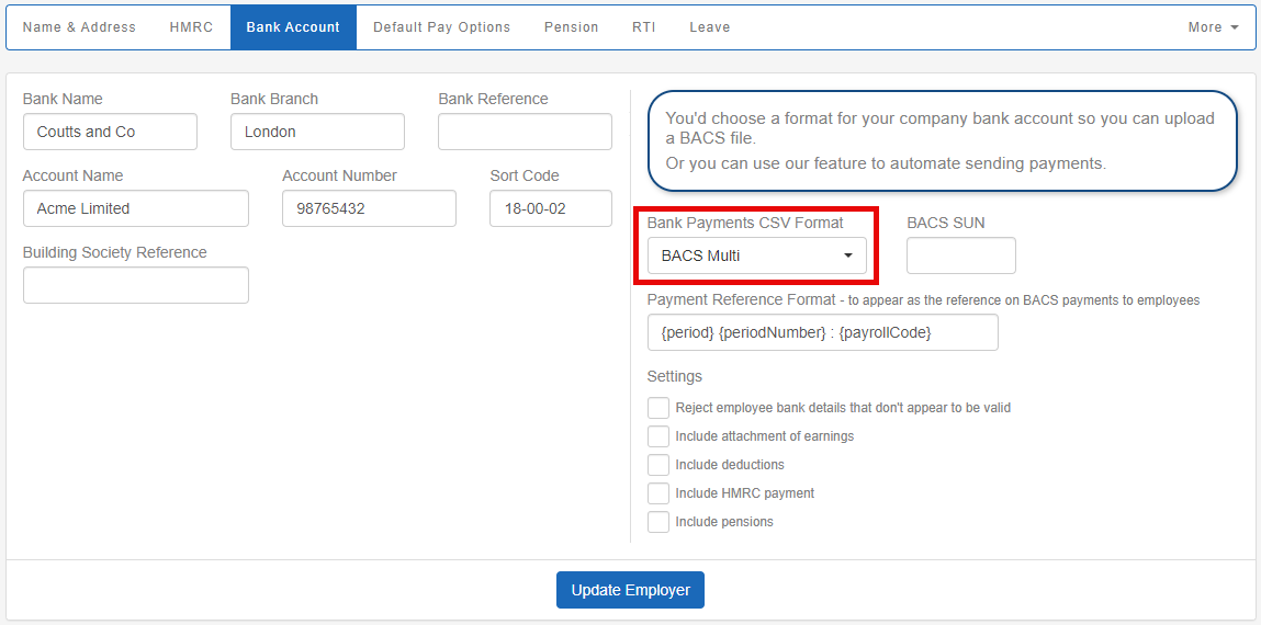 Employer bank account screen with BACS Multi selected